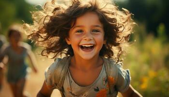 sorridente bambino gode spensierato estate, risata e giocoso natura generato di ai foto