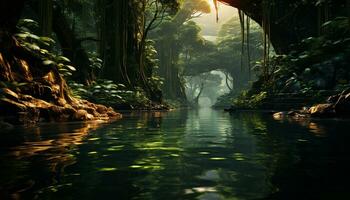 tranquillo scena cascata flussi, riflettendo verde alberi nel stagno generato di ai foto
