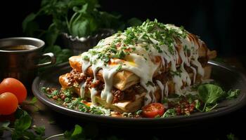 fresco buongustaio pasto grigliato carne, fatti in casa Lasagna, vegetariano pasta generato di ai foto