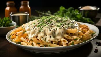 freschezza su piatto buongustaio pasta, cucinato verdura, fatti in casa salato salsa generato di ai foto