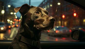 carino cucciolo seduta, guardare su auto finestra a notte generato di ai foto
