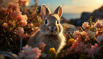 carino soffice coniglio seduta nel erba, godendo natura generato di ai foto