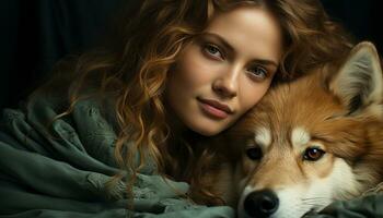 carino cane e donna sorridente, di razza cucciolo Abbracciare una persona amore generato di ai foto