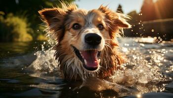 carino di razza cane giocando nel acqua, godendo estate all'aperto generato di ai foto