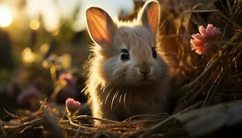carino giovane coniglio seduta nel erba, soffice pelliccia, all'aperto generato di ai foto