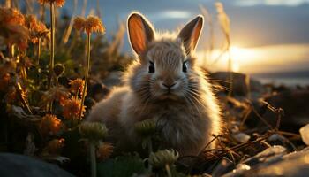 carino giovane coniglio seduta nel erba, godendo natura bellezza generato di ai foto