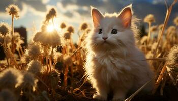 carino gattino seduta nel erba, fissando a tramonto bellezza generato di ai foto