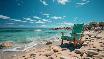 tranquillo scena blu acqua, sabbia, e costa creare rilassamento generato di ai foto