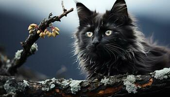 carino gattino seduta su ramo, fissando a telecamera generato di ai foto