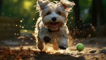 carino terrier cucciolo giocando all'aperto, attraente palla nel estate generato di ai foto