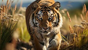 maestoso Bengala tigre fissando, nascondiglio nel tranquillo natura selvaggia generato di ai foto