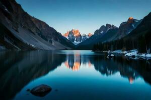 un' calma lago circondato di Innevato montagna , la creazione di un' calma e passivo aria. creativo risorsa, ai generato foto
