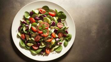 bene verdura insalata di rinforzi pomodoro , cetriolo , cipolla , spinaci , lattuga e sesamo su piatto . dieta menù . superare condizione. creativo risorsa, ai generato foto