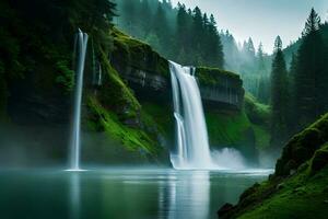 un' imperiale cascata circondato di alcolizzato verdura e il male , in mostra il barone e collisione di natura. creativo risorsa, ai generato foto