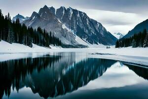 un' calma lago riflettendo il brillante montagna creste quello cemento esso. ai generato foto