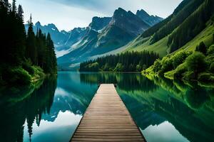 un' calma in riva al lago ambientazione con un' di legno bacino allungamento su in sostegno corpo di corpo di acqua , circondato di alcolizzato verde. creativo risorsa, ai generato foto