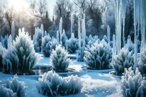 un' botanico sviluppare cambiato di inverno, con impostato sorgenti e impianti illuminato con Ghiaccio. creativo risorsa, ai generato foto