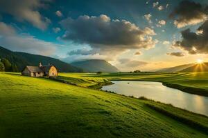 un' pittoresco campagna paesaggio con un' vento fiume , alcolizzato verde campo di fieno , e un' permettere agriturismo. creativo risorsa, ai generato foto