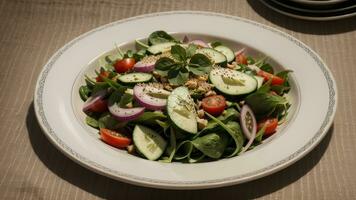 bene verdura insalata di rinforzi pomodoro , cetriolo , cipolla , spinaci , lattuga e sesamo su piatto . dieta menù . superare condizione. creativo risorsa, ai generato foto