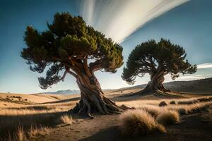 il vecchio e trasformato cono di setole pino alberi in piedi volentieri nel un' alto montagna legname. ai generato foto