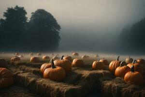 un' nebbioso zucca campo con nebbia vorticoso in giro zucche e fibre pacchi. creativo risorsa, ai generato foto