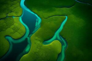 un Immagine prese a partire dal sopra di un' fiume scissione in più piccolo canali, circondato di diverso occhiali da sole di verde e blu.. creativo risorsa, ai generato foto