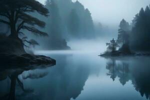 nel il mattina, un' lago è coperto nel nebbia. il nebbia dà il lago un' magico e morbido aspetto esteriore, con occhiali da sole di grigio e blu.. creativo risorsa, ai generato foto