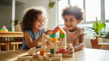 un' gruppo di bambini giocando insieme e edificio con di legno blocchi. foto