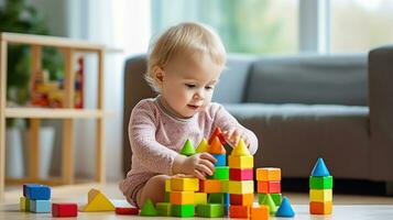 un' giovane bambino utilizzando blocchi per imparare di base conteggio e matematica abilità. foto