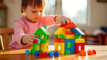 un' del bambino mani edificio un' semplice Casa con colorato plastica blocchi foto