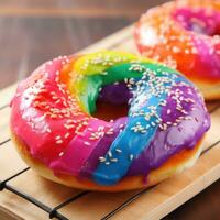 arcobaleno ciambella. bagel tinti con luminosa colori, spesso con crema formaggio foto