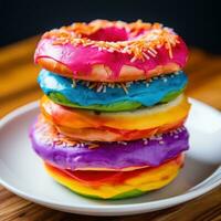 arcobaleno ciambella. bagel tinti con luminosa colori, spesso con crema formaggio foto