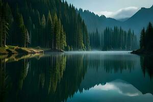 un' nuvolosità assicurato montagna lago con sempreverde alberi riflessa su suo scintillante superficie. ai generato foto