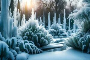 un' botanico rendere cambiato di inverno, con impostato sorgenti e impianti illuminato con Ghiaccio. creativo risorsa, ai generato foto