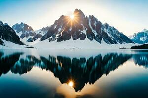 un' calma lago riflettendo il brillante montagna picchi quello cemento esso. ai generato foto