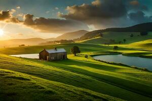 un' pittoresco campagna paesaggio con un' vento fiume , alcolizzato verde campo di fieno , e un' permettere agriturismo. creativo risorsa, ai generato foto