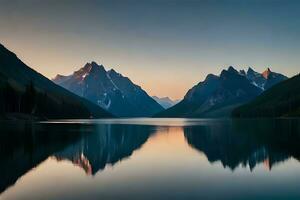 un' calma lago riflettendo il brillante montagna creste quello cemento esso. ai generato foto