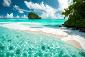 un' bella spiaggia nel un' caldo posto con liscio, di colore chiaro sabbia e chiaro, blu verde acqua.. creativo risorsa, ai generato foto