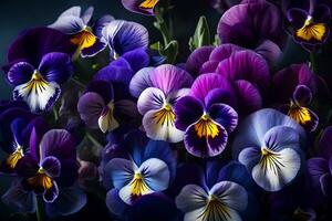 luminosa e colorato fiori chiamato viole del pensiero erano mostrato nel un' bella studio con romantico illuminazione come un' modo per celebrare marzo 8.. creativo risorsa, ai generato foto