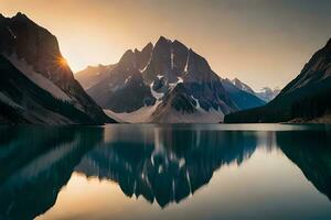 un' calma lago riflettendo il brillante montagna creste quello cemento esso. ai generato foto