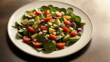bene verdura insalata di rinforzi pomodoro , cetriolo , cipolla , spinaci , lattuga e sesamo su casa piatto . dieta menù . superare stipulare. creativo risorsa, ai generato foto