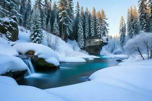 un' cementato cascata assunzione dopo un' polverizzando pietra forma nel un' inverno Paese delle meraviglie. creativo risorsa, ai generato foto