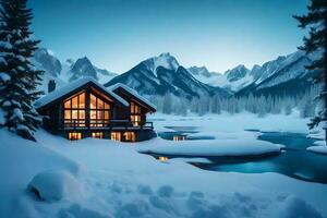 un' accogliente montagna cabina sistemato nel il mezzo di neve assicurato creste e solidificato laghi. creativo risorsa, ai generato foto