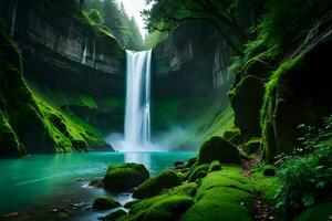 un' imperiale cascata circondato di alcolizzato verdura e malefico , in mostra il barone e collisione di natura. creativo risorsa, ai generato foto