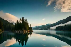 un' nuvolosità assicurato montagna lago con sempreverde alberi riflessa su suo scintillante superficie. ai generato foto