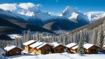 un' innevato elevato cittadina sistemato fra torreggiante snow-capped creste. creativo risorsa, ai generato foto