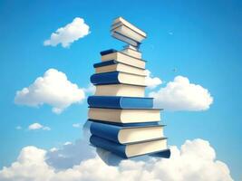 astratto libro pila con su cielo con nuvole sfondo. andando su un' enorme pila di libri. ai generato foto