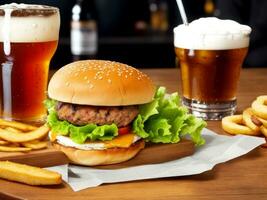 hamburger con birra su il tavolo nel un' bar pub. ai generato foto
