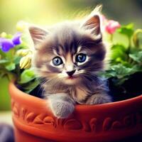 gattino si siede nel un' fiore pentola, gattino nel il giardino, carino gattino, domestico gatto, carino gatto sfondo. ai generato foto