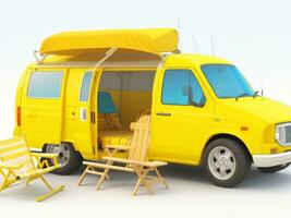 pronto per estate viaggio. giallo furgone con ponte sedia e spiaggia accessorio, 3d rendering, 3d illustrazione. ai generato foto